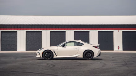 White Toyota GR 86 coupe parked before a row of white-and-black garage doors, 8K Ultra HD PC desktop wallpaper background.