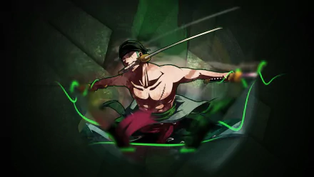 HD PC desktop wallpaper featuring Roronoa Zoro from the anime One Piece, depicted in an intense battle stance with glowing green energy effects.