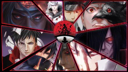 HD PC desktop wallpaper featuring prominent Uchiha clan members—Shisui, Obito, Sasuke, Madara, Izuna, Itachi—with the iconic Sharingan from Naruto anime.