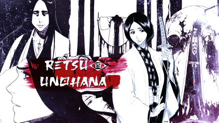 HD anime desktop wallpaper featuring Kenpachi Zaraki and Unohana Retsu from Bleach with bold black, white, and red tones and dynamic character poses.