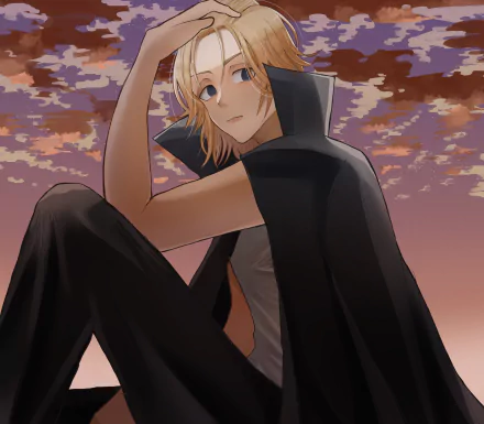 Mikey Manjiro Sano from Tokyo Revengers is depicted in an 8K Ultra HD anime wallpaper with a sunset sky background.