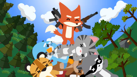 HD PC desktop wallpaper featuring colorful, cartoon-style animals from the video game Super Animal Royale, depicted in a vibrant forest setting with playful action.