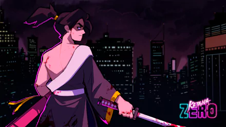 HD Wallpaper featuring a stylized illustration from Katana Zero with a character holding a sword against a dark cityscape background.