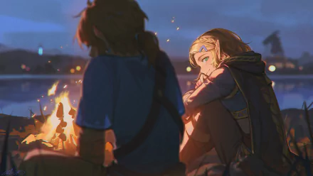 HD PC desktop wallpaper featuring Princess Zelda and Link from the video game The Legend of Zelda: A Link to the Past, sitting together by a campfire at dusk.