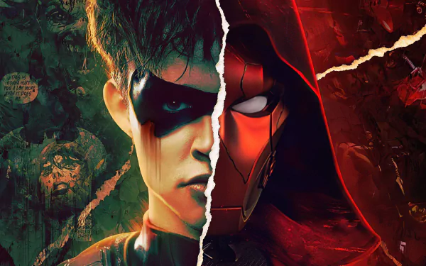 Split image of Jason Todd and his Red Hood persona from the TV show Titans, rendered in striking 4K Ultra HD detail for PC desktop backgrounds.