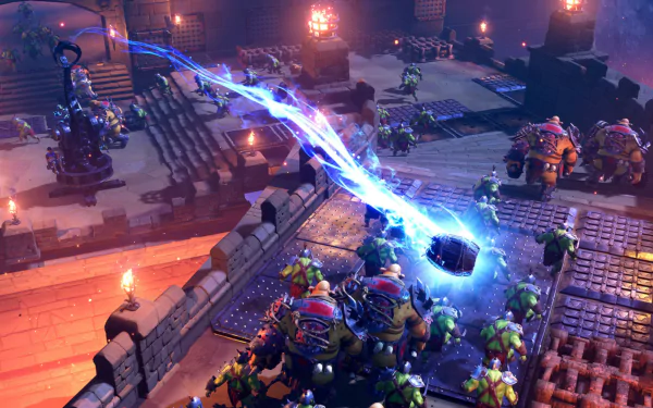HD desktop wallpaper showcasing a dynamic scene from Orcs Must Die! 3 with heroes battling orcs using magical traps and weapons.
