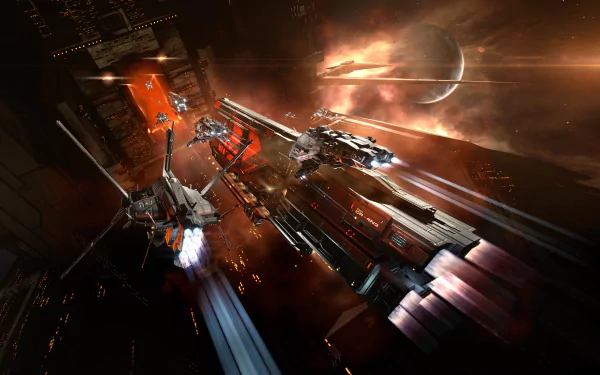HD EVE Online game wallpaper featuring dynamic spaceship combat with a stunning cosmic backdrop for desktop backgrounds.