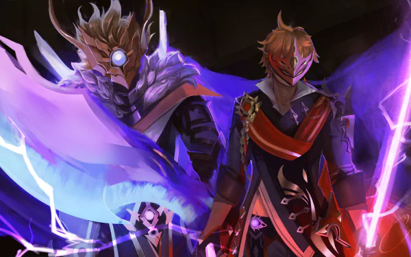 HD PC desktop wallpaper featuring Tartaglia Childe from the video game Genshin Impact, showcasing his character with vivid purple and blue elemental effects.