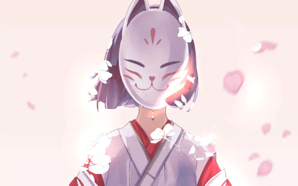 Kazari (Genshin Impact) in a white-and-red kimono wearing a fox mask, cherry petals drifting in soft pink light — 2K Quad HD PC desktop wallpaper from the Genshin Impact video game.
