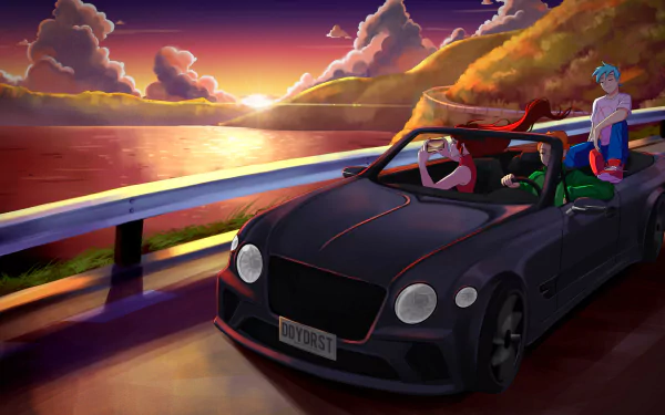 HD PC desktop wallpaper featuring Friday Night Funkin' characters cruising in a sleek black car along a scenic coastal road at sunset.