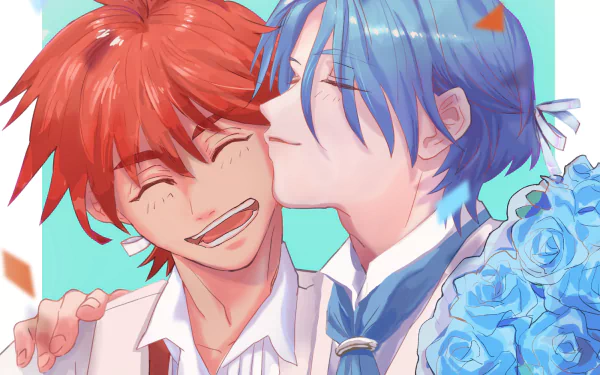 Anime HD PC desktop wallpaper of Reki Kyan and Langa Hasegawa (SK8 the Infinity): Langa kisses Reki's cheek as Reki laughs, blue roses in hand against a teal background.