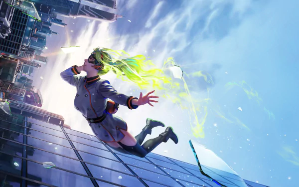 Anime HD desktop wallpaper featuring Moe Kamiji from My Hero Academia, showcasing dynamic energy effects and a futuristic cityscape in the background.