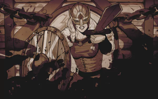 A dynamic HD wallpaper from Tribes of Midgard featuring a fierce warrior wielding a weapon, ready for battle with a shield, set against a backdrop of chains and dark textures.