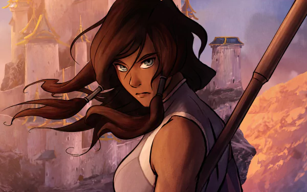 HD desktop wallpaper and background featuring Korra from The Legend of Korra, an anime in the Avatar series. Korra stands with a determined expression, emblematic of her character's strength and resolve.