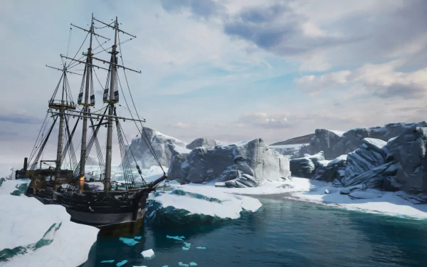 HD desktop wallpaper featuring a ship navigating icy waters and glaciers, inspired by the video game Dread Hunger. A serene yet chilling maritime landscape.