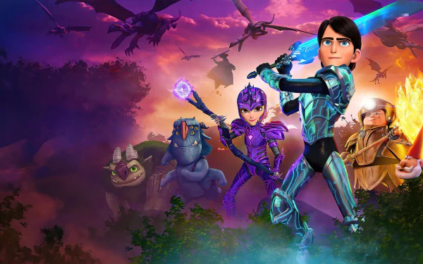 HD PC desktop wallpaper/background from the movie Trollhunters: Rise of the Titans — armored teen heroes and magical allies stand ready beneath a glowing purple sky with flying dragons over a shadowed forest.