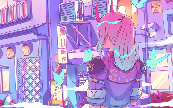 Synthwave fantasy scene of a woman with neon hair and horns overlooking a vibrant neon city street — 4K Ultra HD PC desktop wallpaper/background.