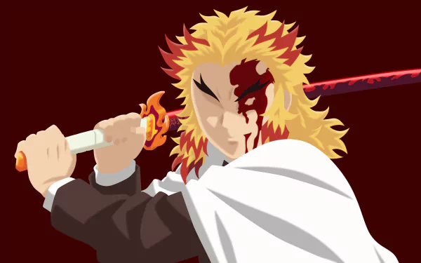Minimalist 4K Ultra HD desktop wallpaper of Kyojuro Rengoku (Demon Slayer: Mugen Train) — stylized anime portrait with flaming hair, blood-streaked face and drawn katana on dark red background.
