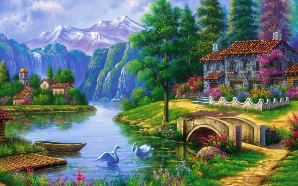 Artistic 4K Ultra HD desktop wallpaper depicting a serene lake scene with swans, a stone bridge, vibrant flowers, lush greenery, and snow-capped mountains in the background.