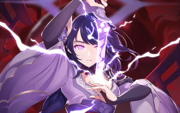 HD desktop wallpaper featuring Baal Raiden Shogun from Genshin Impact. This dynamic video game background showcases the character wielding an electrified sword with a determined expression.