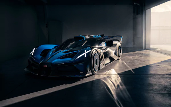 8K Ultra HD PC desktop wallpaper of a Bugatti Bolide supercar vehicle in a dim garage, dramatic lighting and glossy reflections.