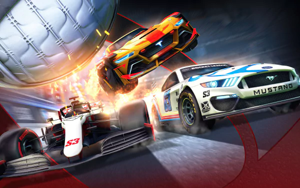 Rocket League video game 4K Ultra HD PC desktop wallpaper — three rocket-powered cars chase a giant soccer ball in a stadium, sparks and motion blur from high-speed collisions.