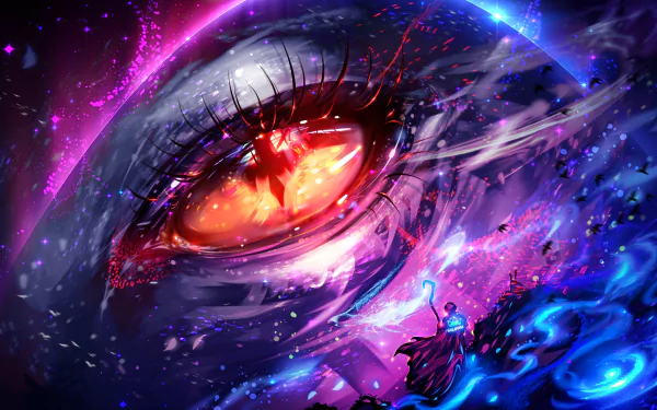 A vivid 4K Ultra HD fantasy desktop wallpaper depicting a sorcerer casting magic before a massive, fiery dragon eye glowing in cosmic purples and blues.