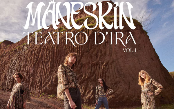 Maneskin Teatro d'Ira Vol.I album cover as an HD desktop wallpaper featuring the band members posing in front of a rugged hillside.