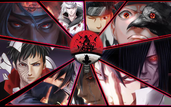 HD PC desktop wallpaper featuring prominent Uchiha clan members—Shisui, Obito, Sasuke, Madara, Izuna, Itachi—with the iconic Sharingan from Naruto anime.