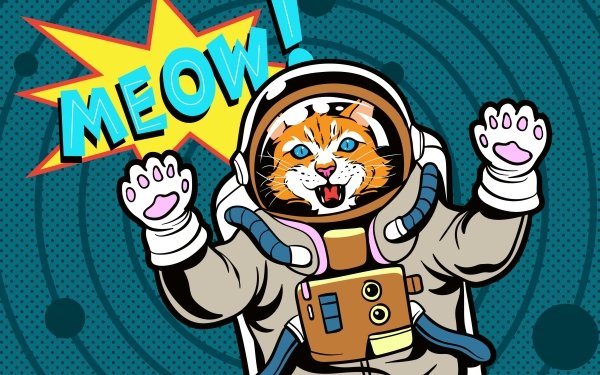 HD desktop wallpaper featuring a pop art style illustration of an astronaut tiger with the word MEOW in a speech bubble.