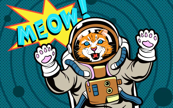 HD desktop wallpaper featuring a pop art style illustration of an astronaut tiger with the word MEOW in a speech bubble.