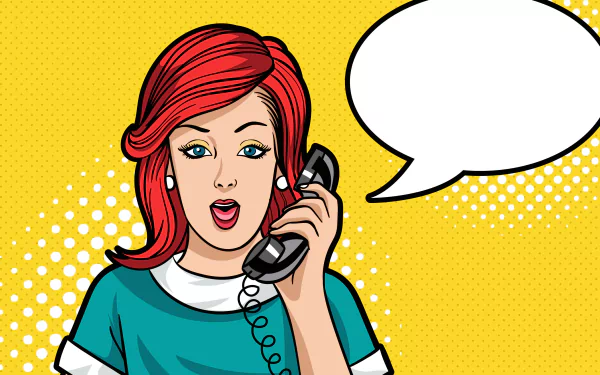 A vibrant pop art image featuring a woman with red hair speaking on a telephone against a bright yellow background, with a blank speech bubble for added expression.