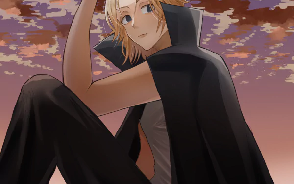 Mikey Manjiro Sano from Tokyo Revengers is depicted in an 8K Ultra HD anime wallpaper with a sunset sky background.