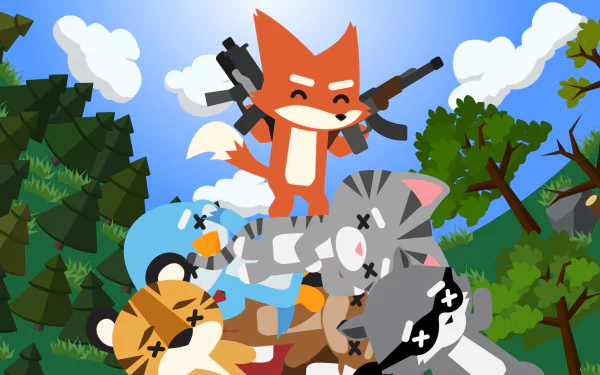 HD PC desktop wallpaper featuring colorful, cartoon-style animals from the video game Super Animal Royale, depicted in a vibrant forest setting with playful action.