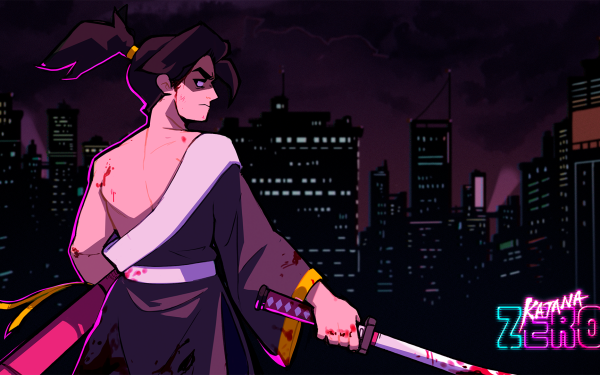 HD Wallpaper featuring a stylized illustration from Katana Zero with a character holding a sword against a dark cityscape background.