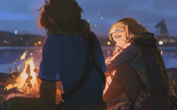 HD PC desktop wallpaper featuring Princess Zelda and Link from the video game The Legend of Zelda: A Link to the Past, sitting together by a campfire at dusk.