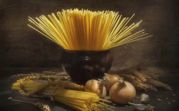 spaghetti onion still life food pasta HD Desktop Wallpaper | Background Image