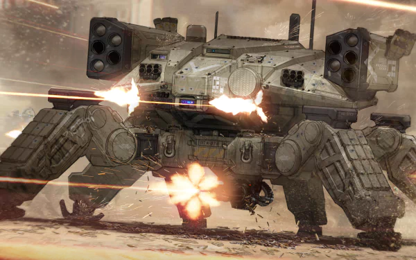 HD sci-fi desktop wallpaper featuring a heavily armed, quadrupedal mech firing weapons amid a dusty battlefield with laser fire streaking through the air.