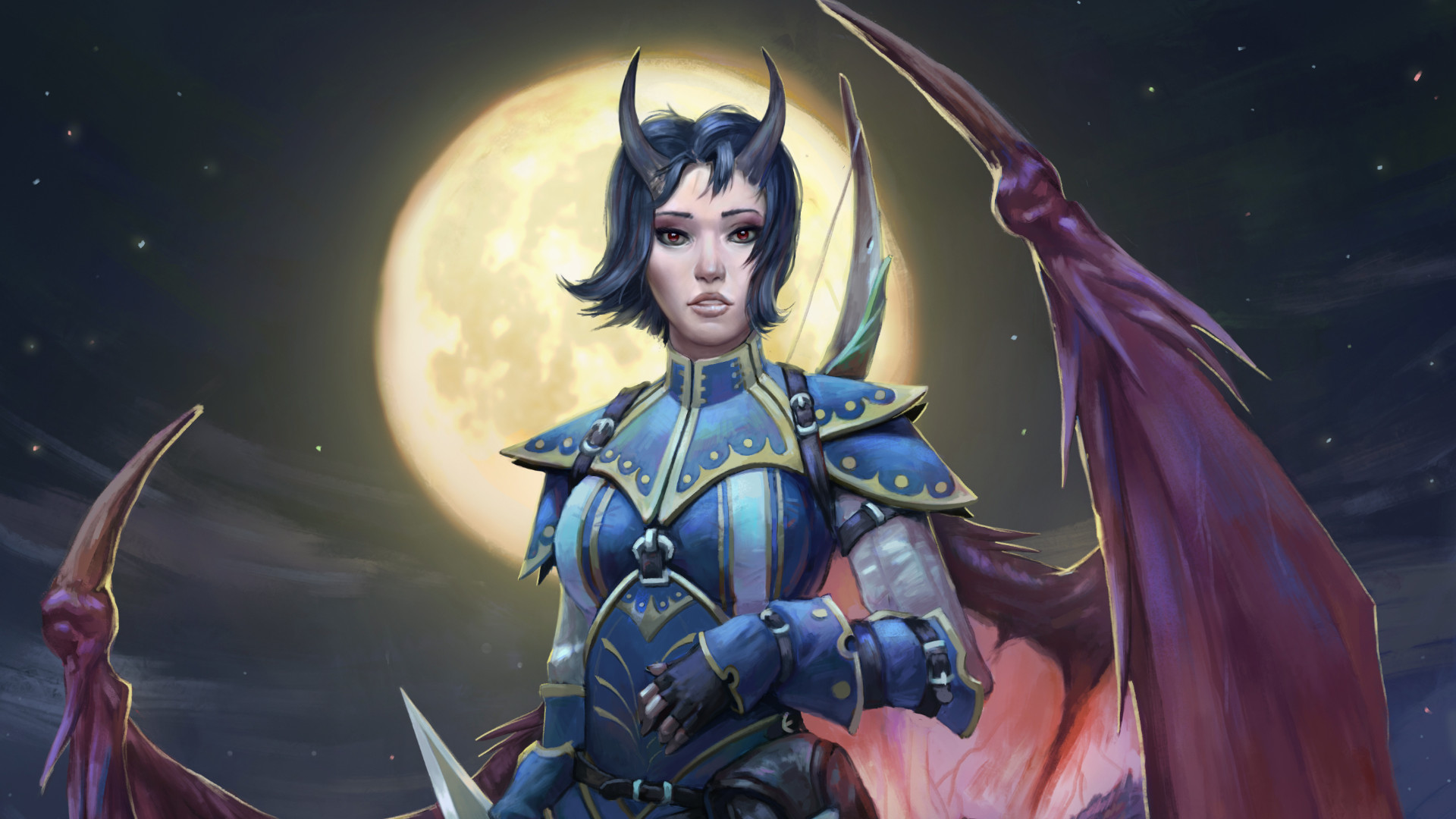 Pathfinder: Wrath of the Righteous HD wallpaper featuring an armored female character with a moonlit sky background.