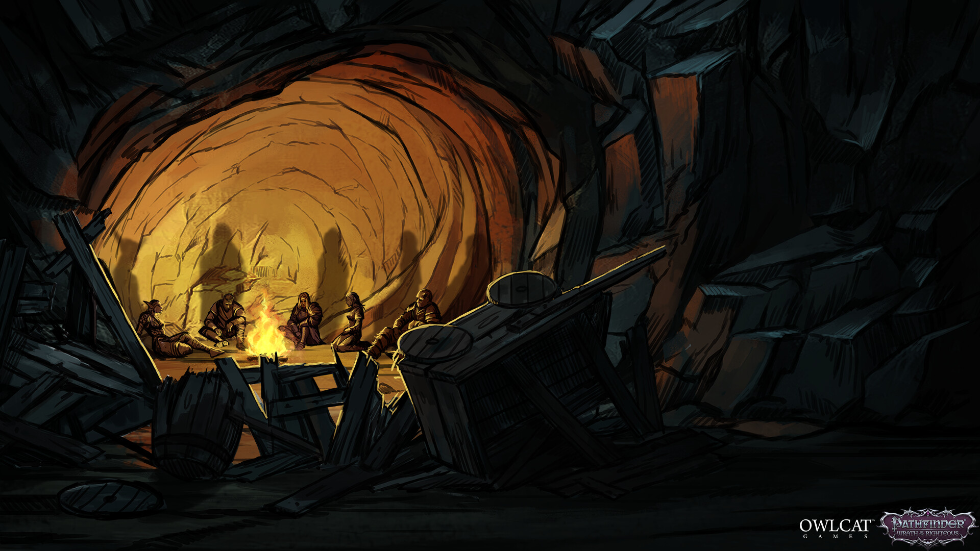 HD wallpaper featuring a scene from Pathfinder: Wrath of the Righteous with adventurers gathered around a campfire inside a cavernous tunnel.