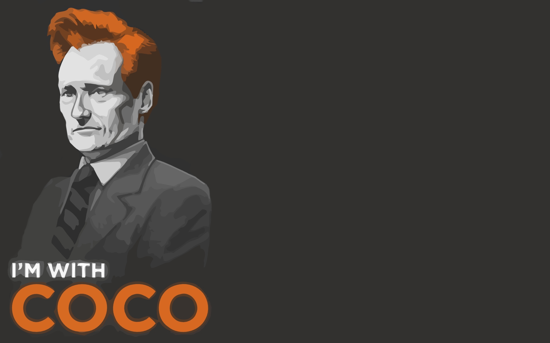 HD desktop wallpaper featuring a stylized artistic representation of a man with the caption 'I'm with COCO' on a grey background.