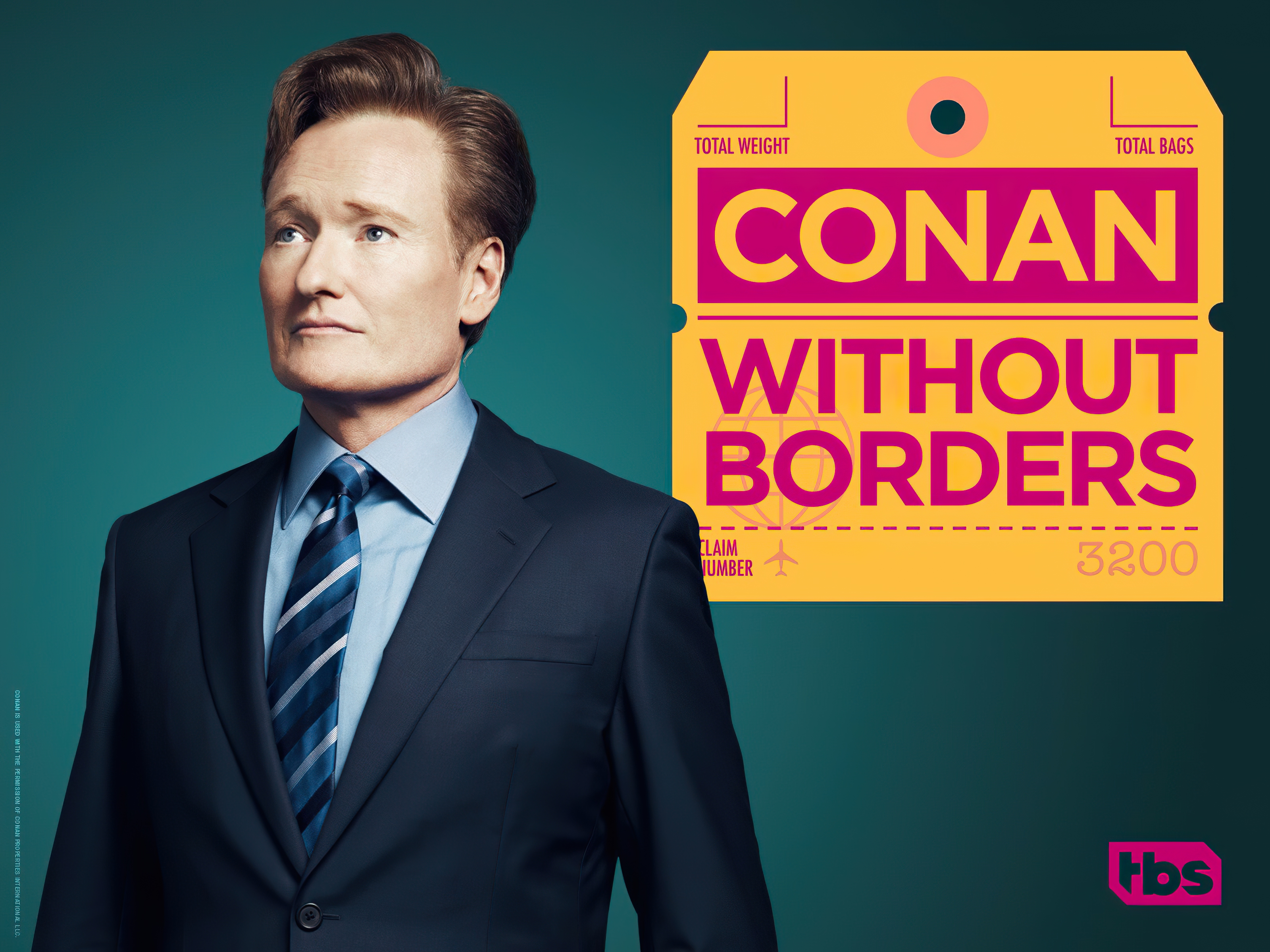 HD desktop wallpaper featuring a promotional image for the show Conan Without Borders with a person posing confidently against a teal background.