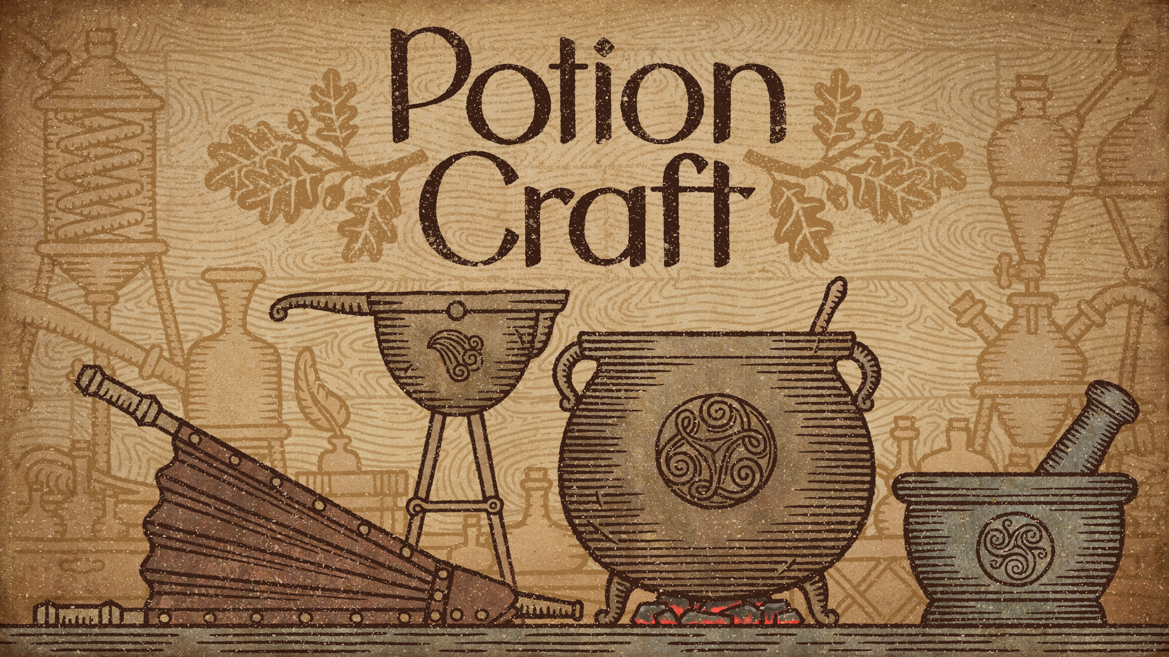 HD desktop wallpaper featuring illustrated alchemy equipment with the title 'Potion Craft: Alchemist Simulator' in a stylized, medieval script on a textured background.