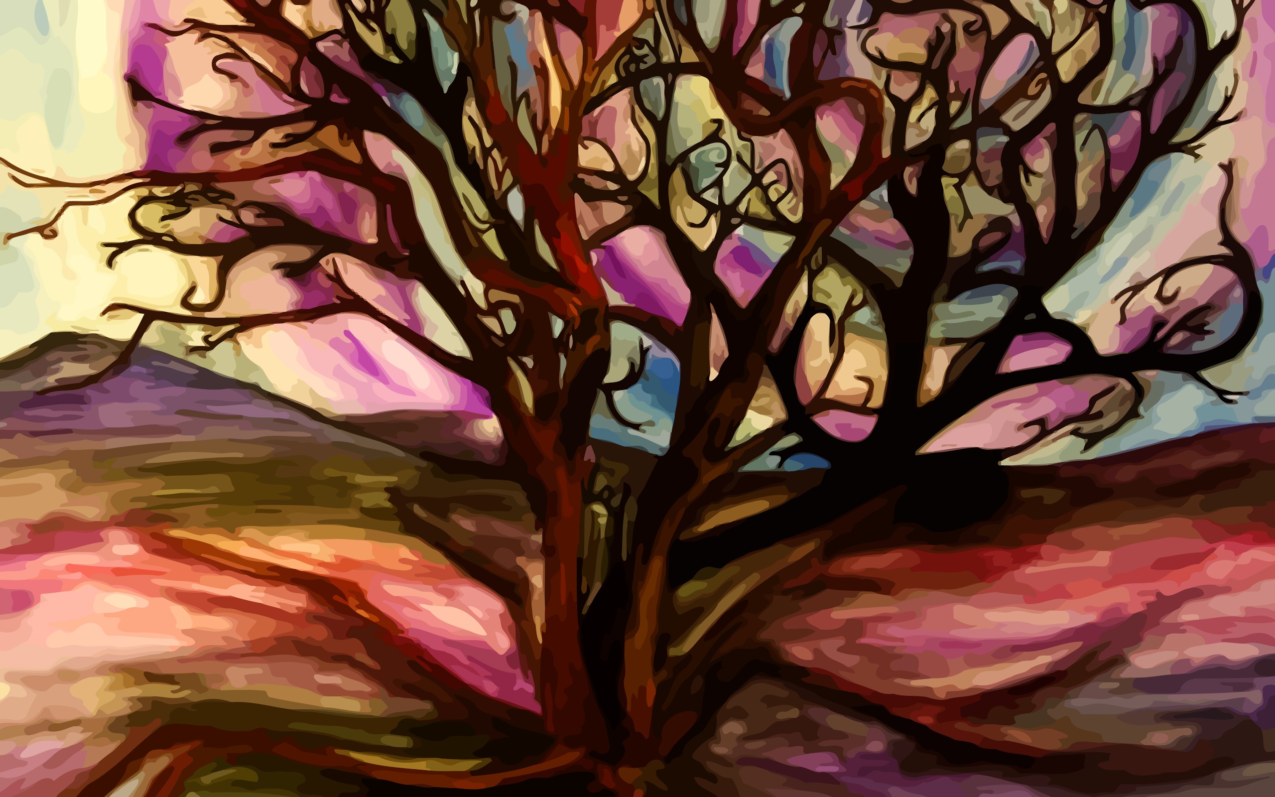 Abstract tree painting with vibrant colors, perfect for an artistic desktop wallpaper.