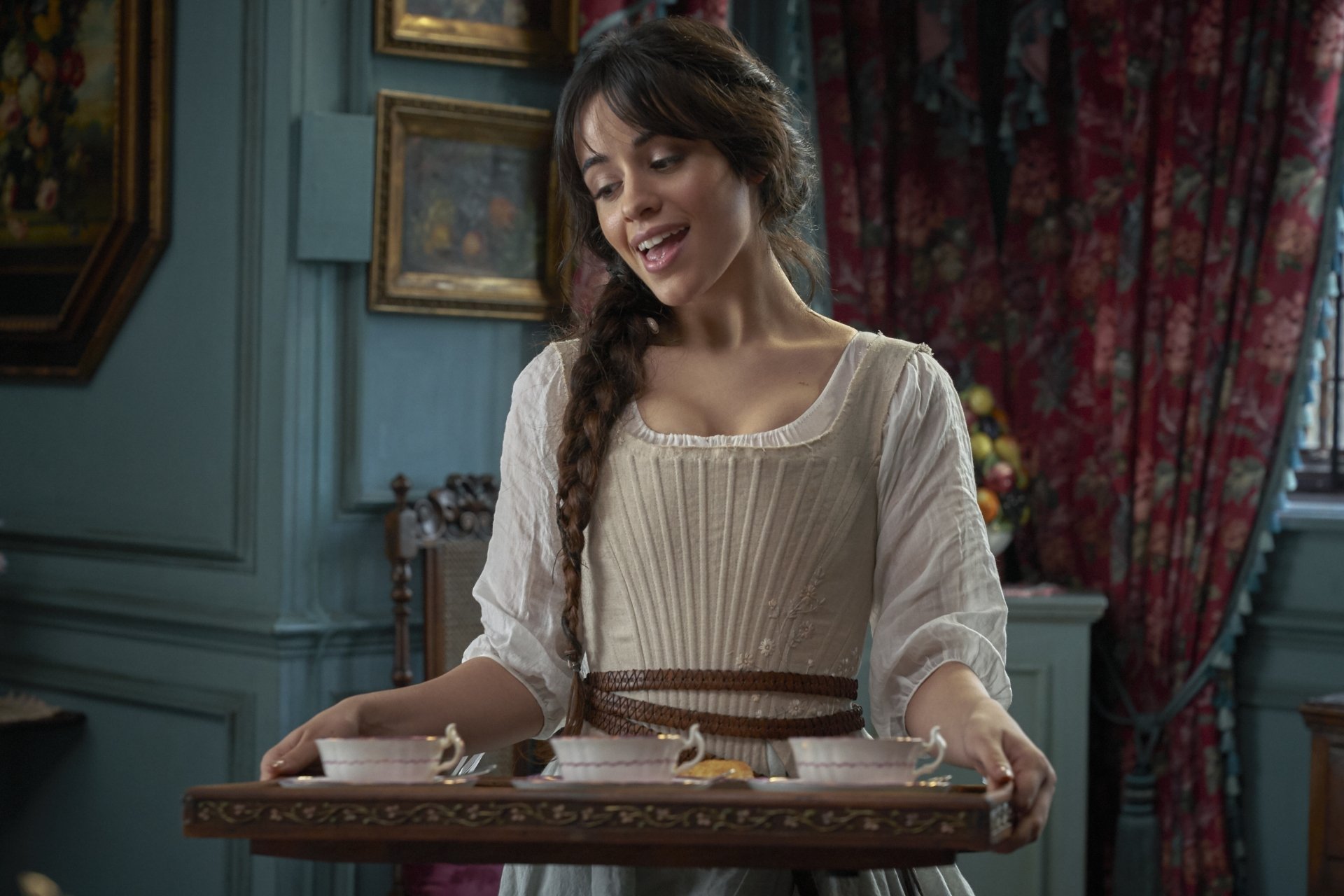 Camila Cabello as Cinderella in a scene from the 2021 Cinderella movie, shown in a 4K Ultra HD PC desktop wallpaper.