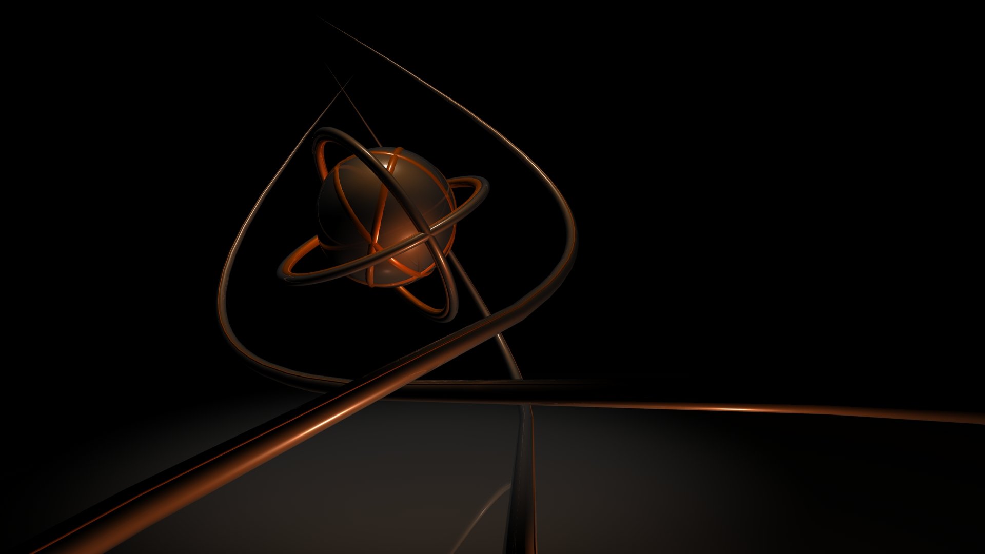 Artistic CGI HD PC desktop wallpaper of a glowing bronze orbital sphere suspended in twisting metallic ribbons above a dark minimalist background.