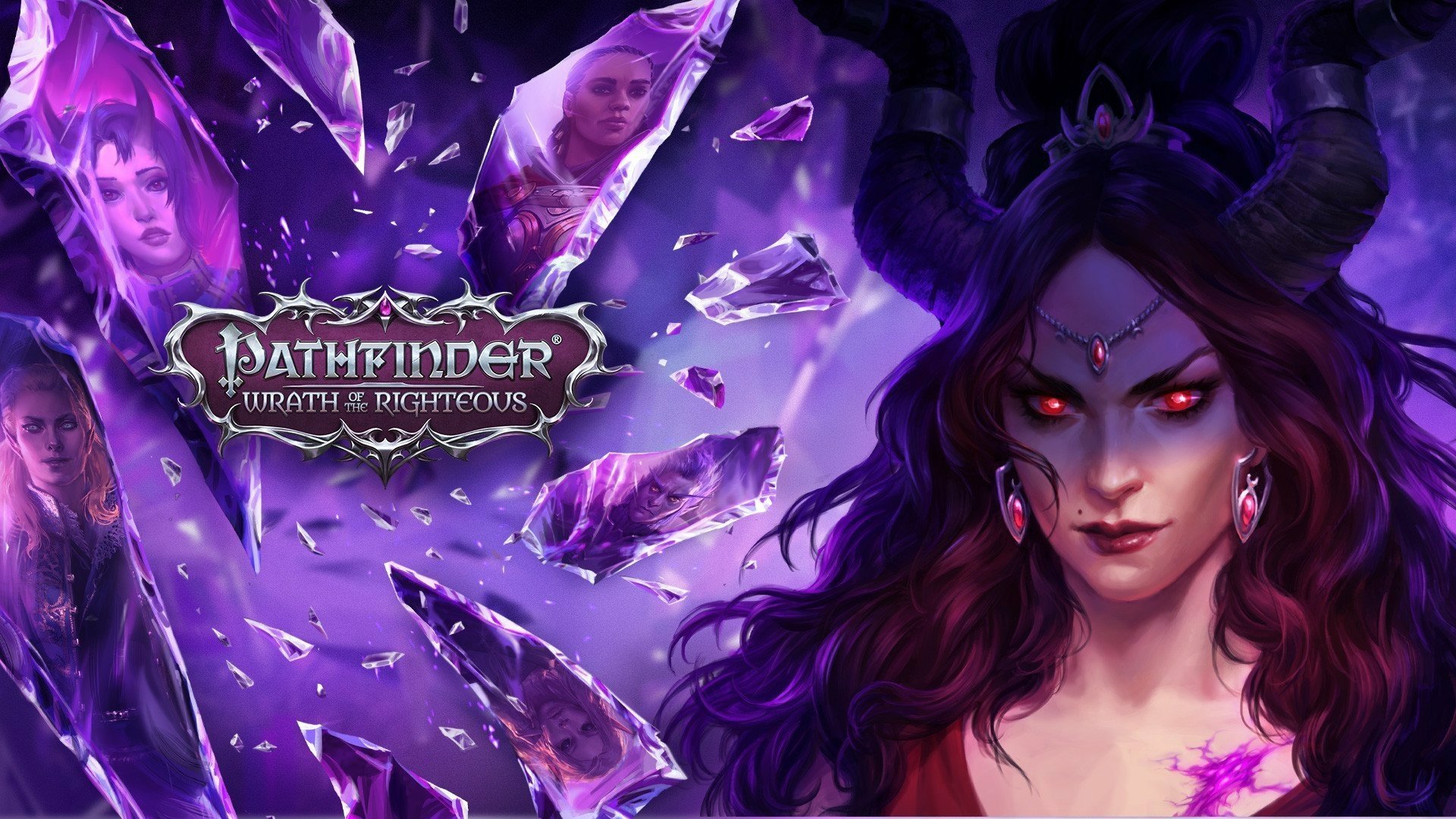 HD desktop wallpaper featuring character from Pathfinder: Wrath of the Righteous game with purple crystal shards background.