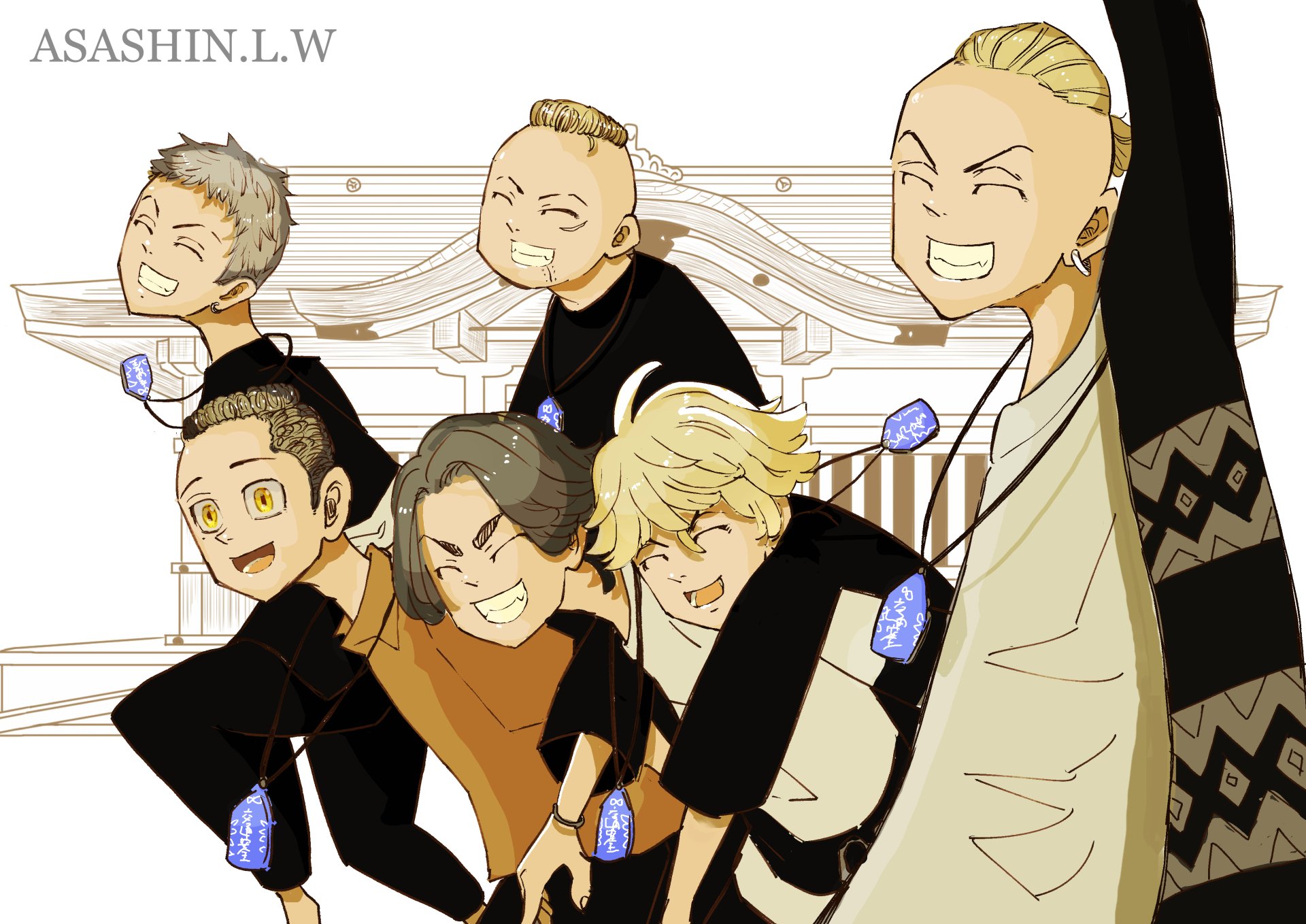 4K Ultra HD anime wallpaper featuring Ken Ryuguji, Mikey Manjiro Sano, Keisuke Baji, and Kazutora Hanemiya from Tokyo Revengers with a traditional temple backdrop.