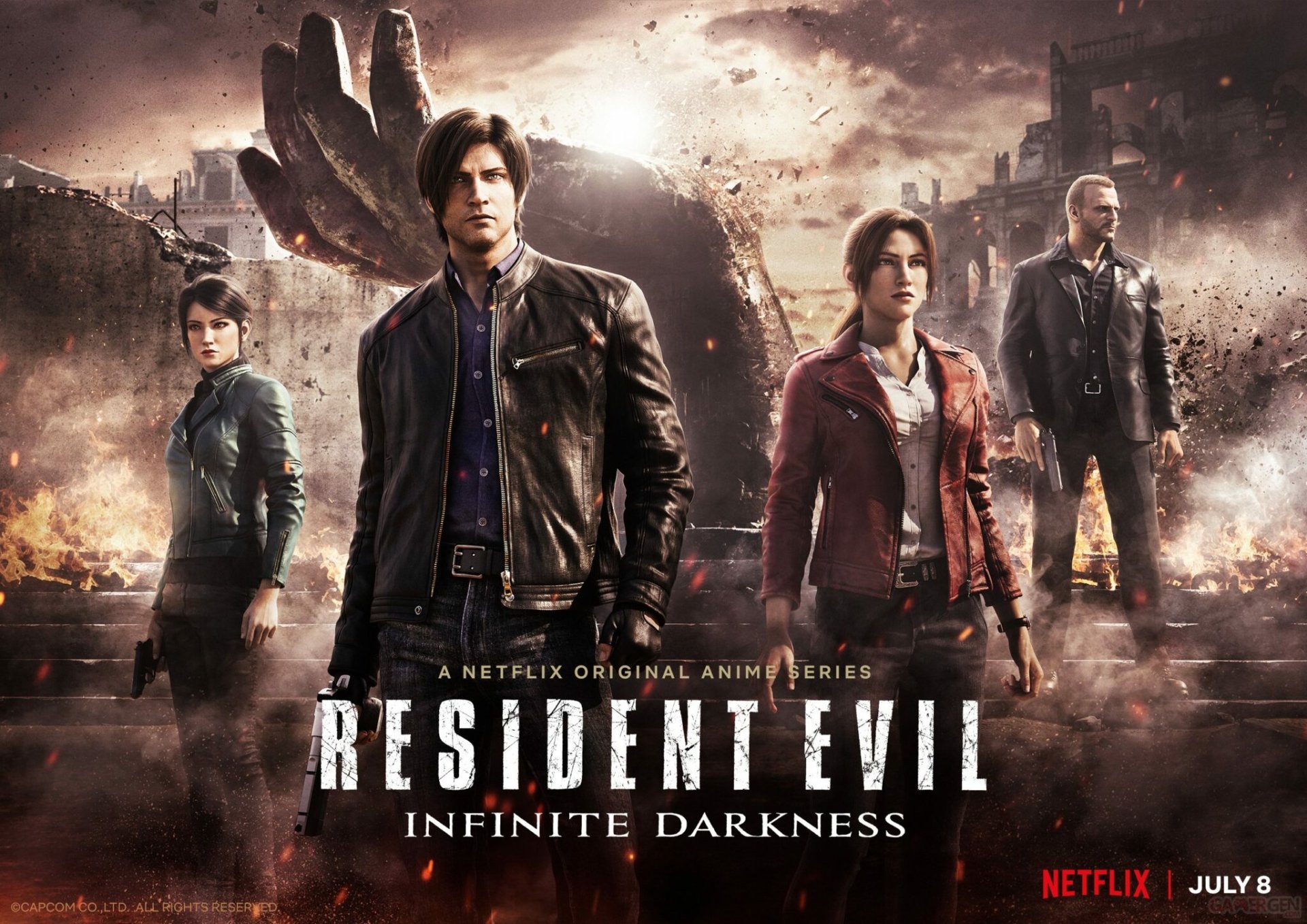 HD desktop wallpaper for Resident Evil: Infinite Darkness, featuring main characters in a dynamic, apocalyptic setting.
