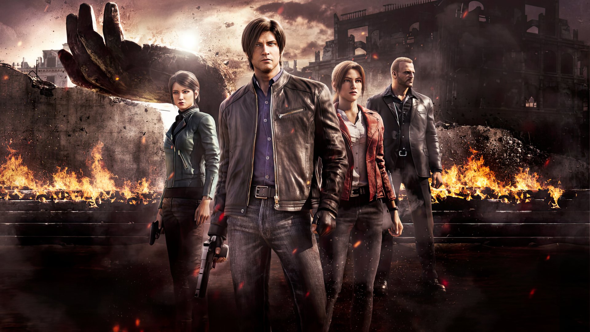 HD wallpaper of Resident Evil: Infinite Darkness featuring main characters standing confidently against a backdrop of fire and destruction.
